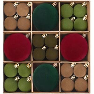 44 Pcs Velvet Christmas Ornaments Set Flocked Shatterproof Red Green Brown